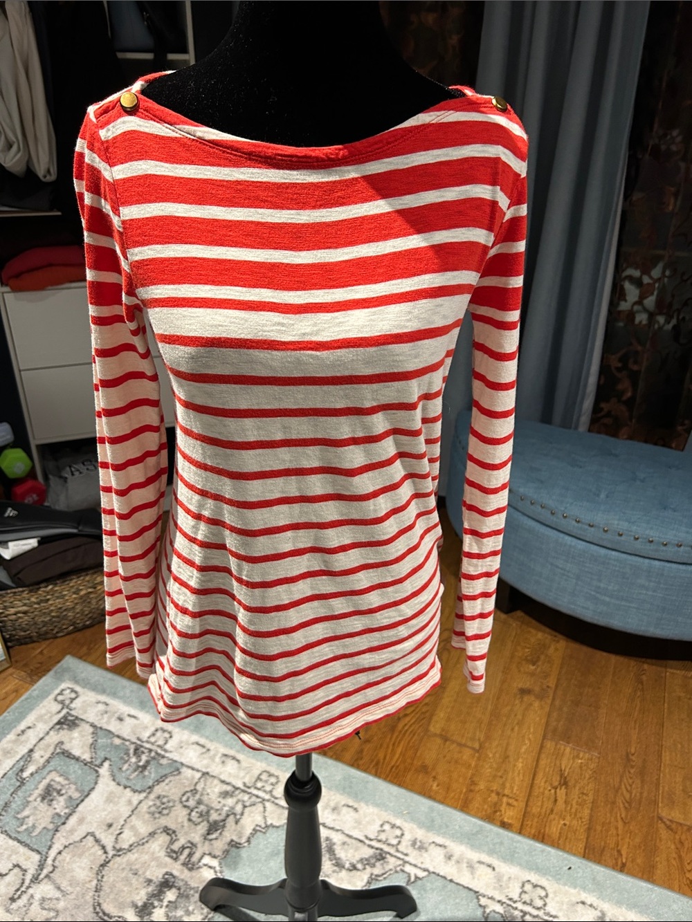 J. Crew Red & White Striped Boatneck Long-Sleeve Top